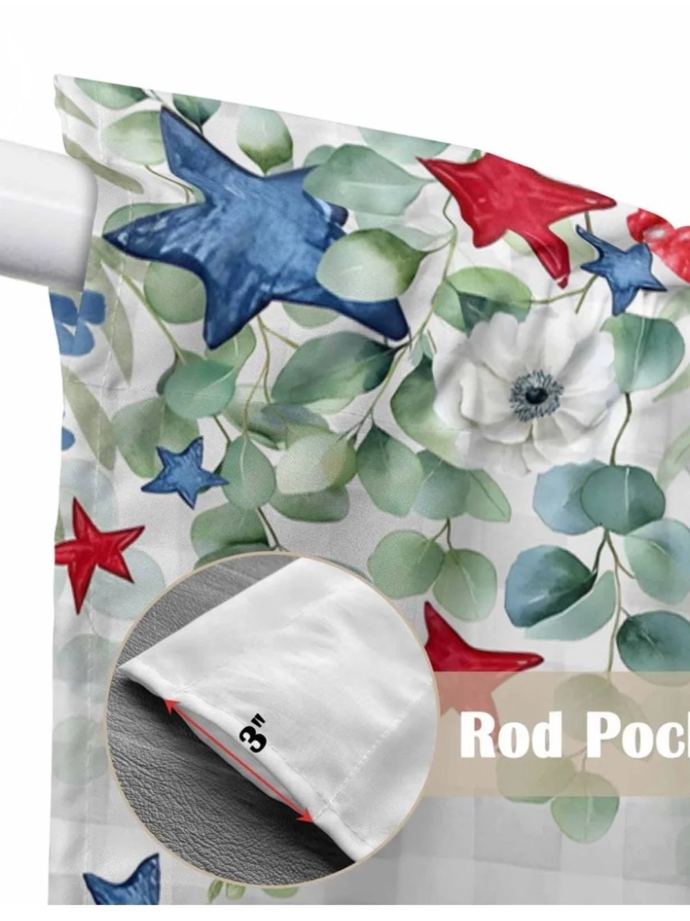 Patriotic Floral Star Window Valance Curtain 36”x36”